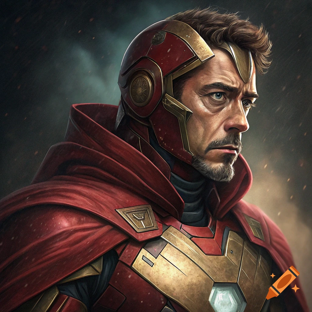 Portrait of a man resembling Robert Downey Jr. in a red and gold armored superhero suit and cape.