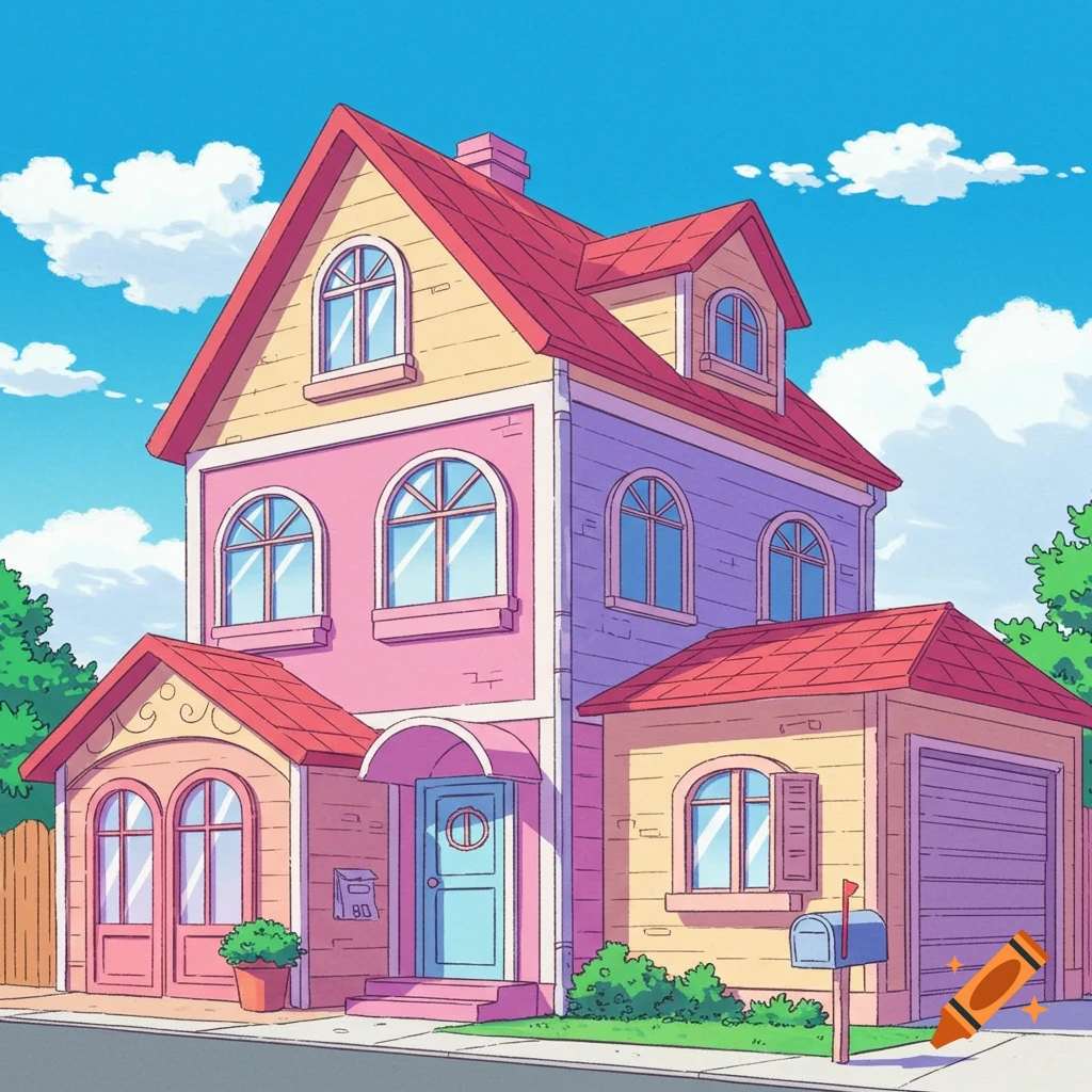 Colorful multi-story anime style house with a garage and mailbox under a cloudy sky.