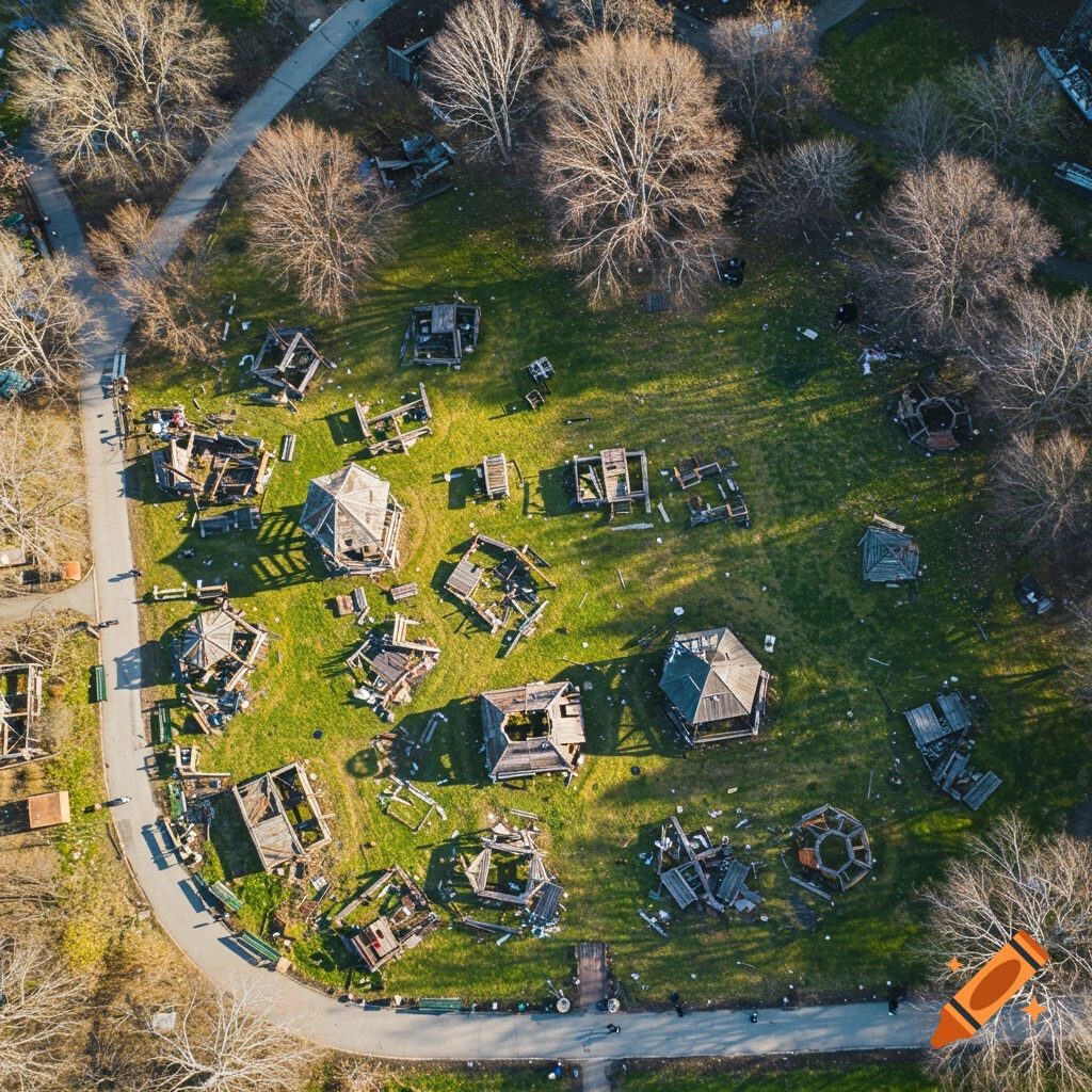 Aerial view of a park scattered with broken wooden structures and debris among bare trees.