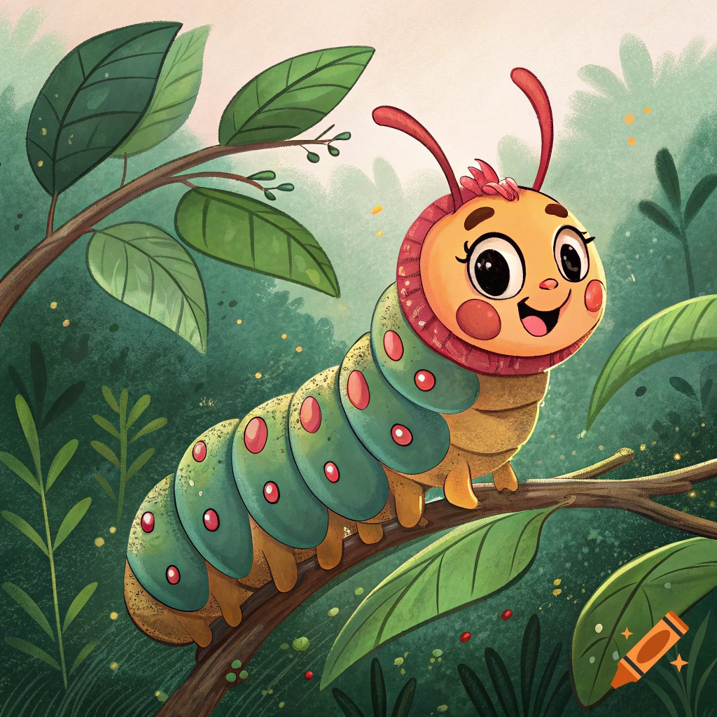 A cute cartoon caterpillar with big eyes sits on a tree branch in a leafy forest.