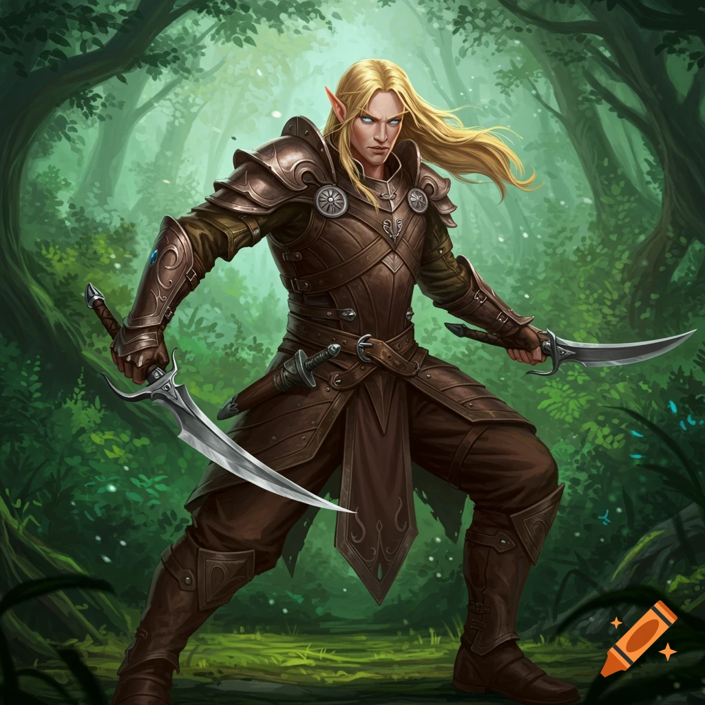 A male elf fighter in armor wielding two scimitars in a forest.