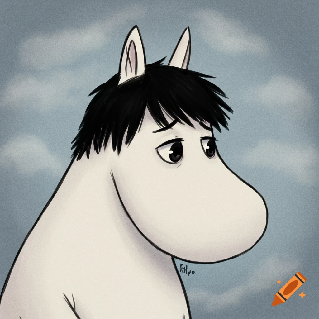 A Moomin character with black hair looks sadly to the left.