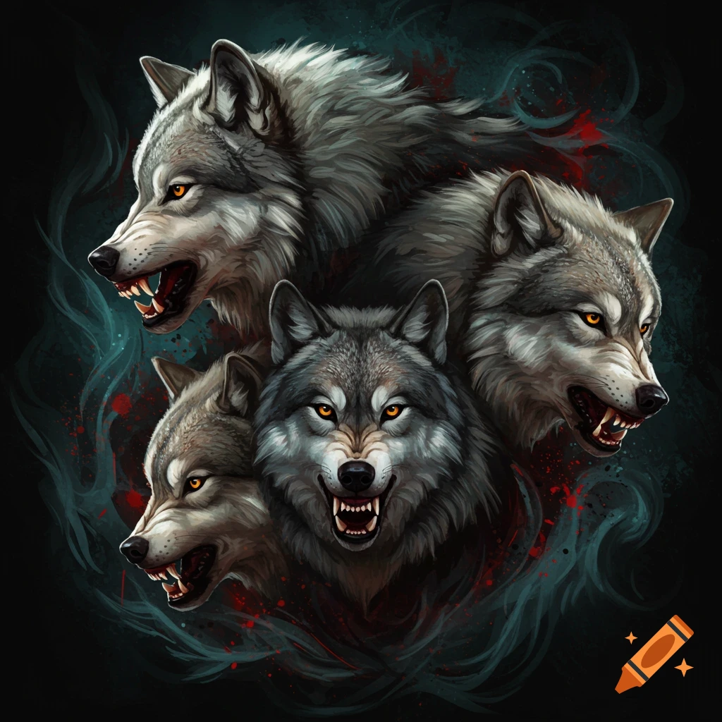 A fearsome wolfpack with bared teeth and glowing eyes.