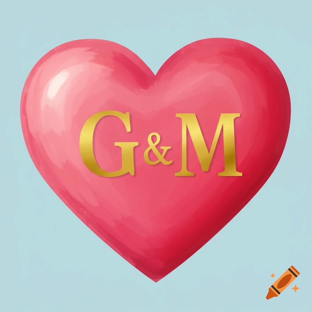 A pink heart with golden letters G & M on a blue background