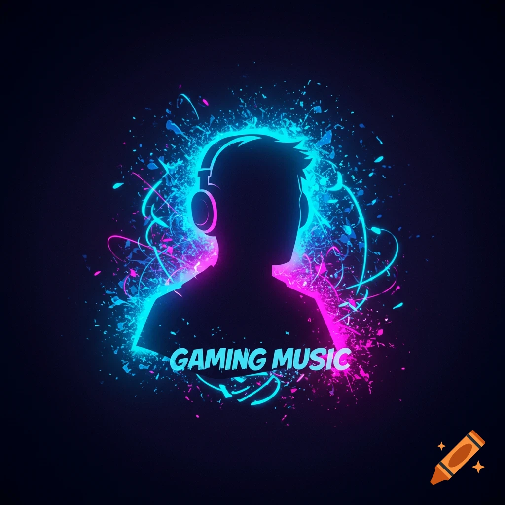 Silhouette wearing headphones with neon blue and pink splashes and 'Gaming Music' text.