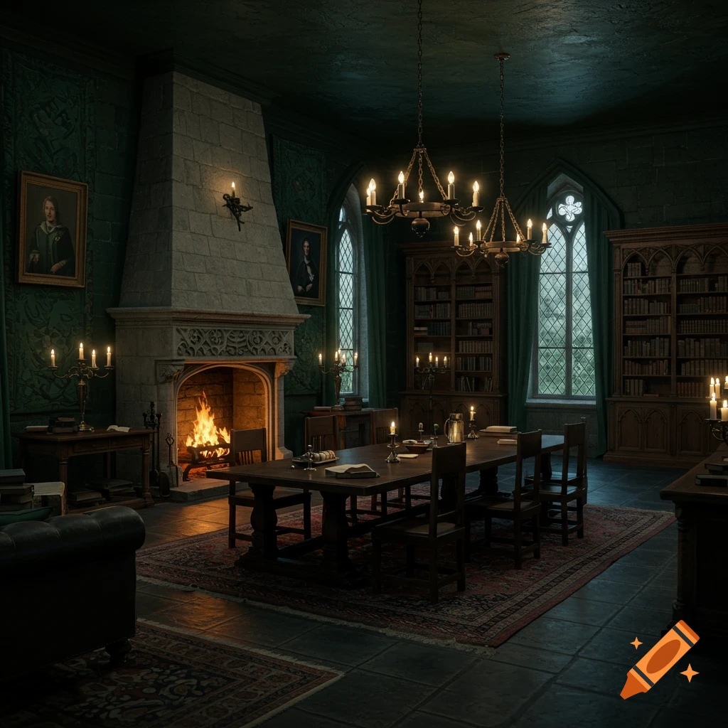 Dark, opulent interior of a common room with a large fireplace, chandeliers, bookshelves, and a long table, lit by firelight and candles.