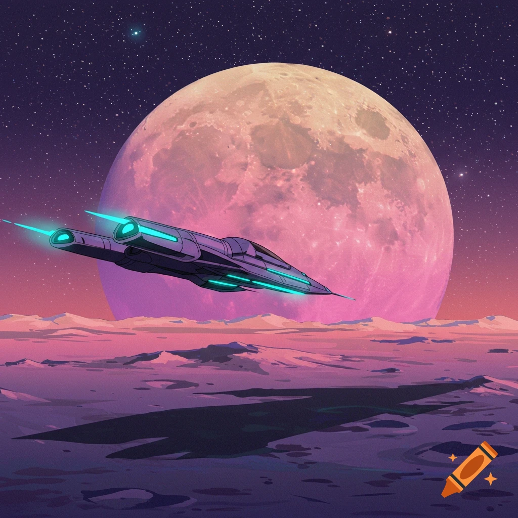 A stylized image of a spaceship flying towards a large moon over an alien landscape at night.