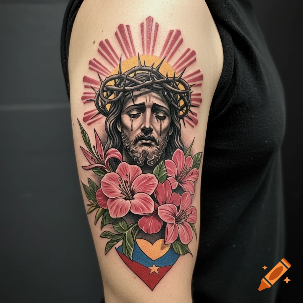 A colorful tattoo design of the head of Jesus with a crown of thorns, crying, surrounded by pink flowers and a symbolic shield.