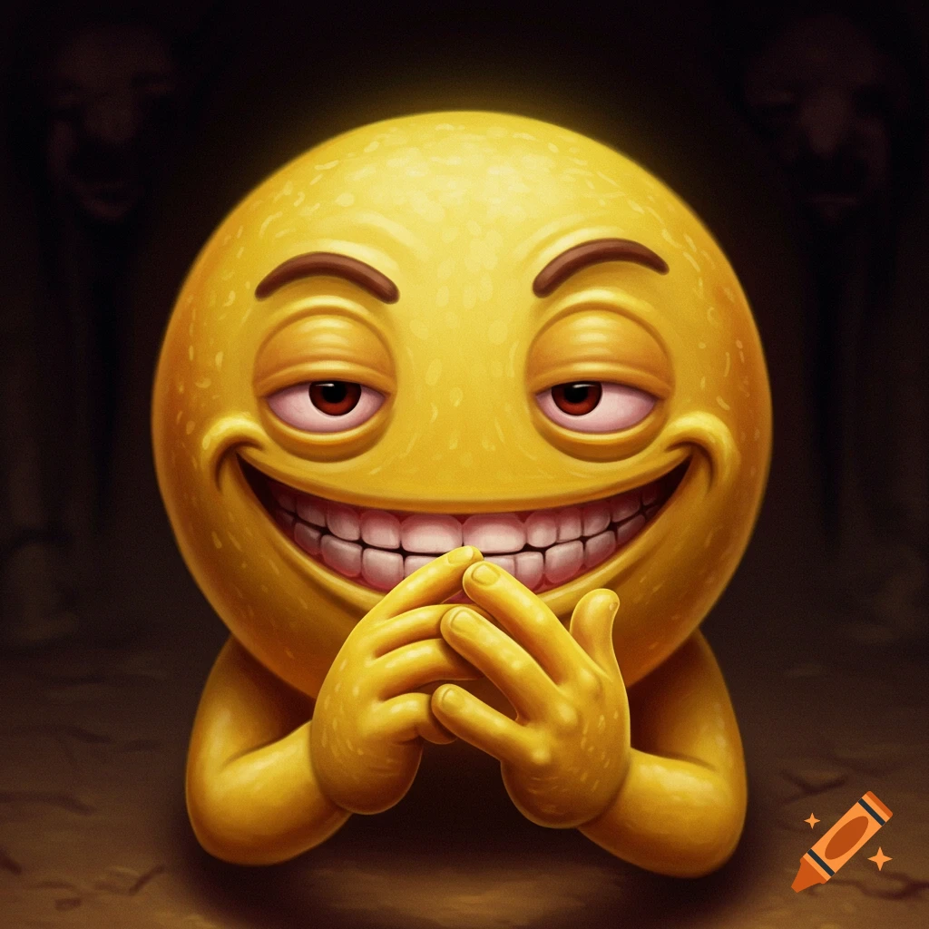 A devious-looking yellow emoji with red eyes and sharp teeth, rubbing its hands together in a digital art style.