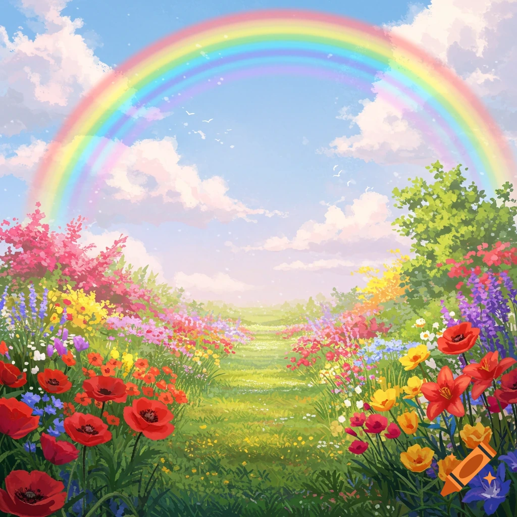 A colorful flower garden path is shown under a large rainbow.