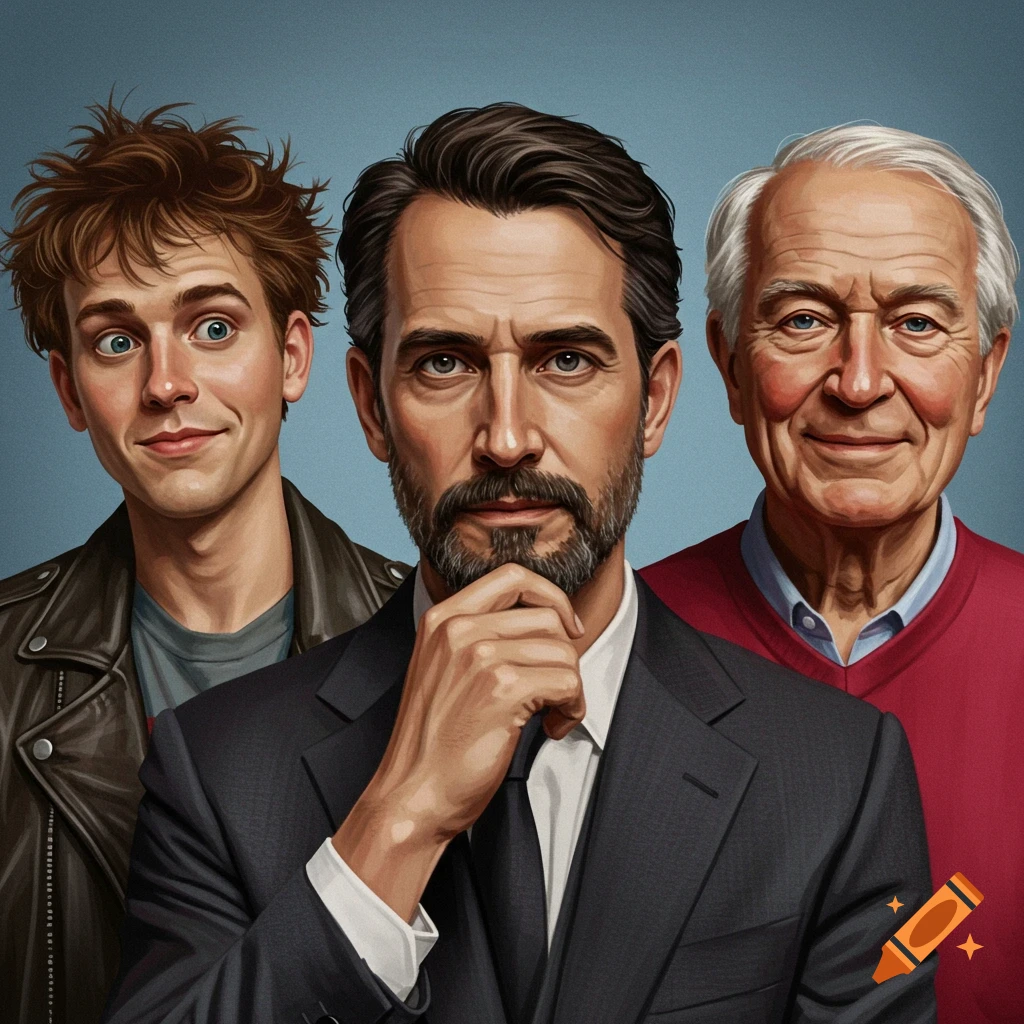 Portraits of three men: young, middle-aged, and older.