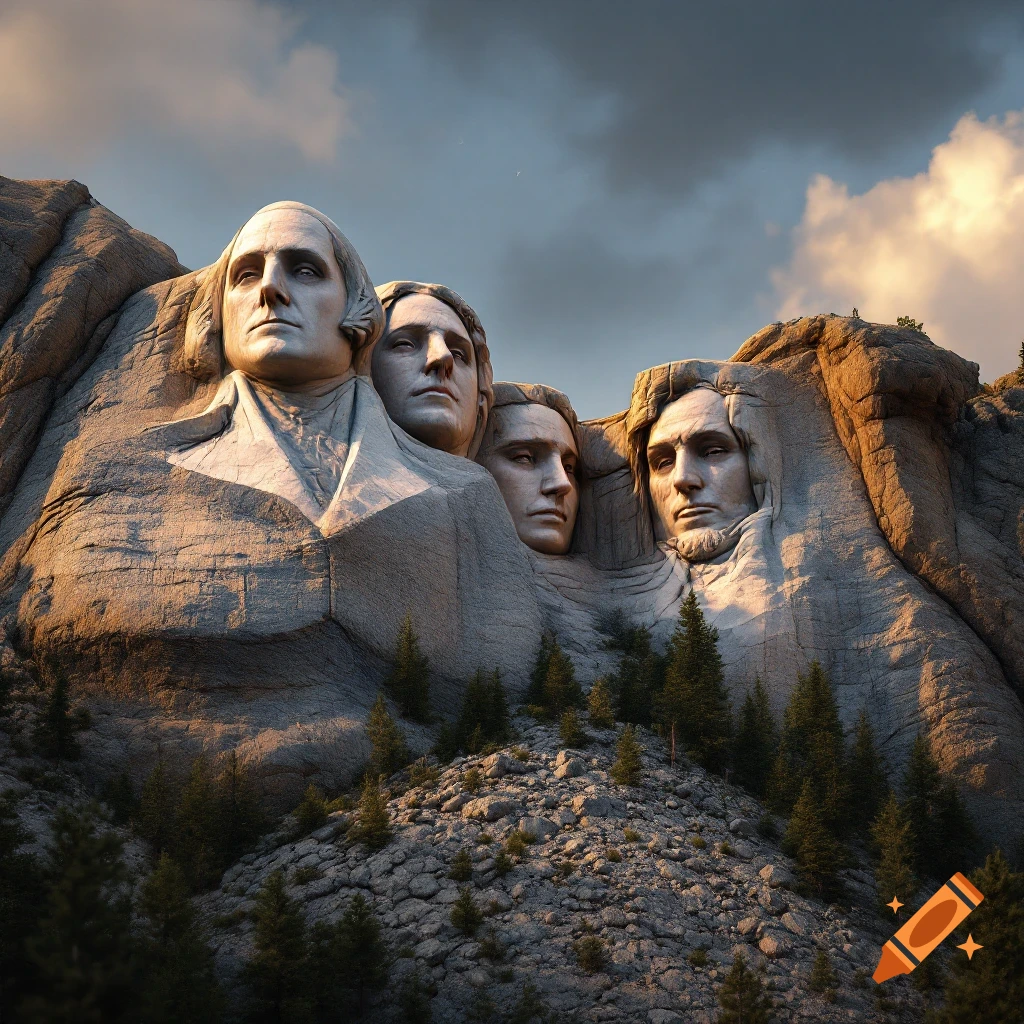 A photorealistic image of the Mount Rushmore carving of four US Presidents on a mountain.