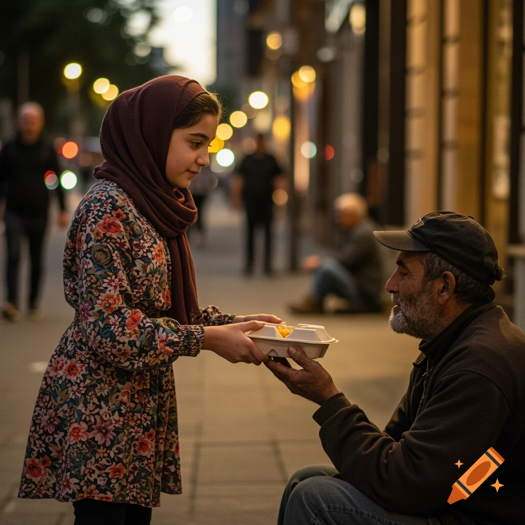 Young girl in hijab gives food to a homeless man on a city street at sunset.