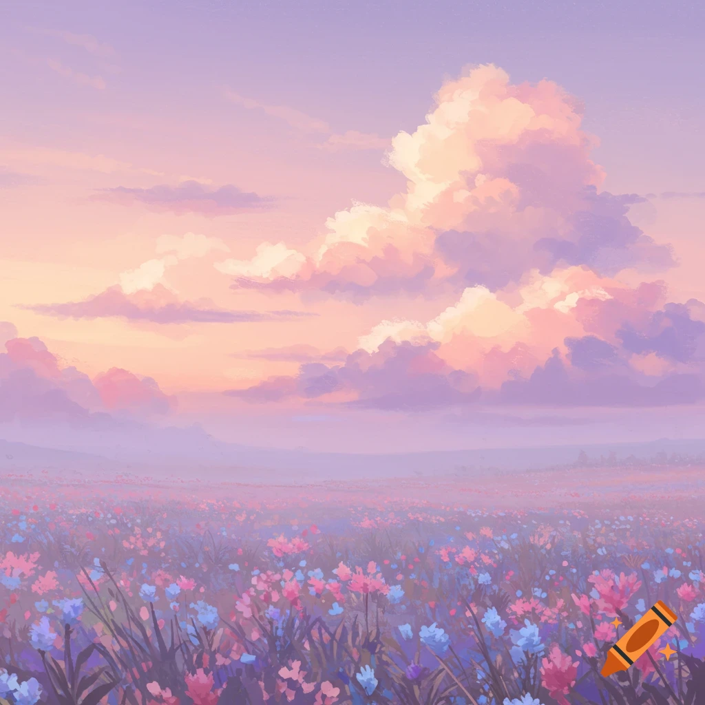 A field of pink and blue flowers under a cloudy pastel sunset sky.