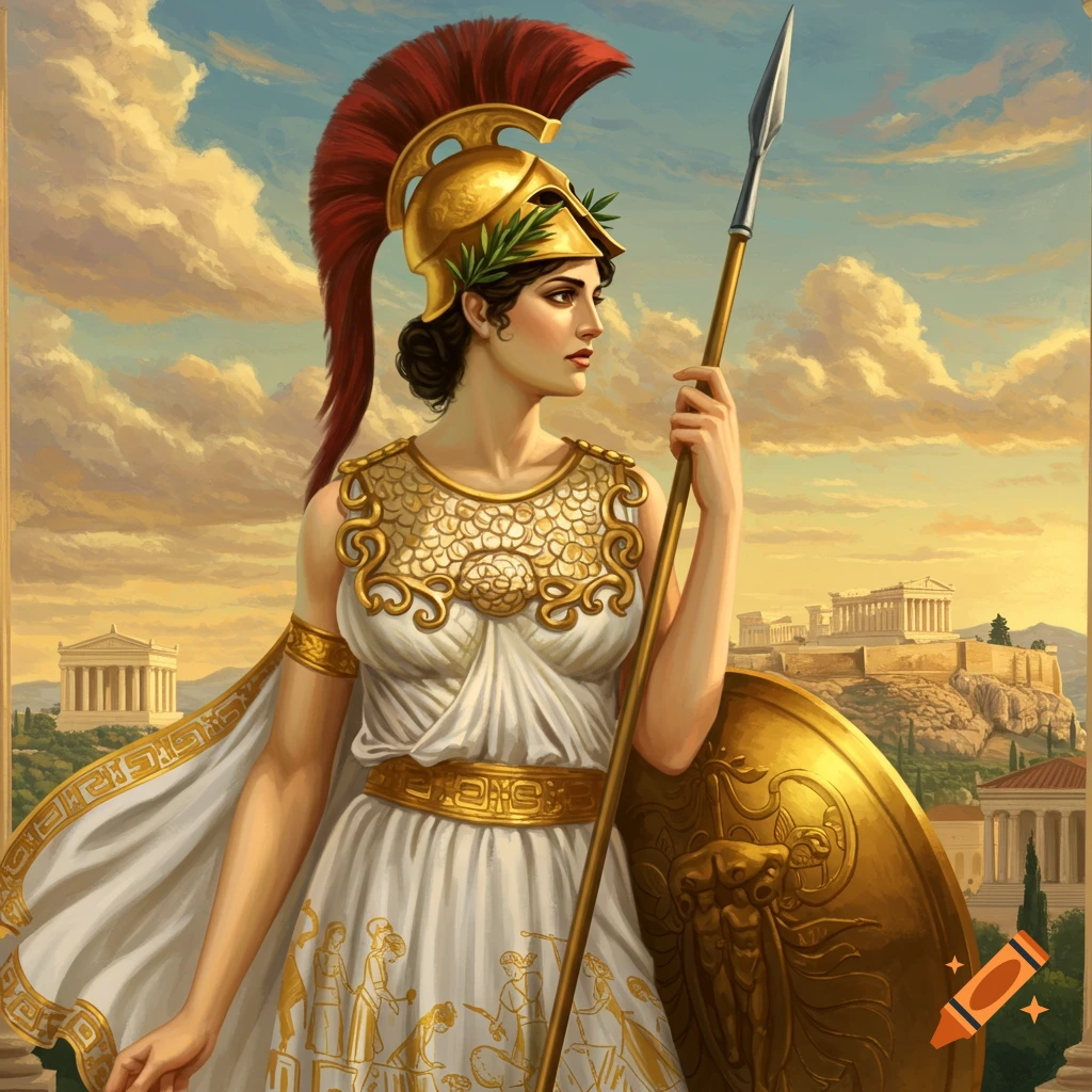 Athena, Greek goddess, wearing golden armor and helmet, holding a spear and shield, with ancient Greek architecture in background.