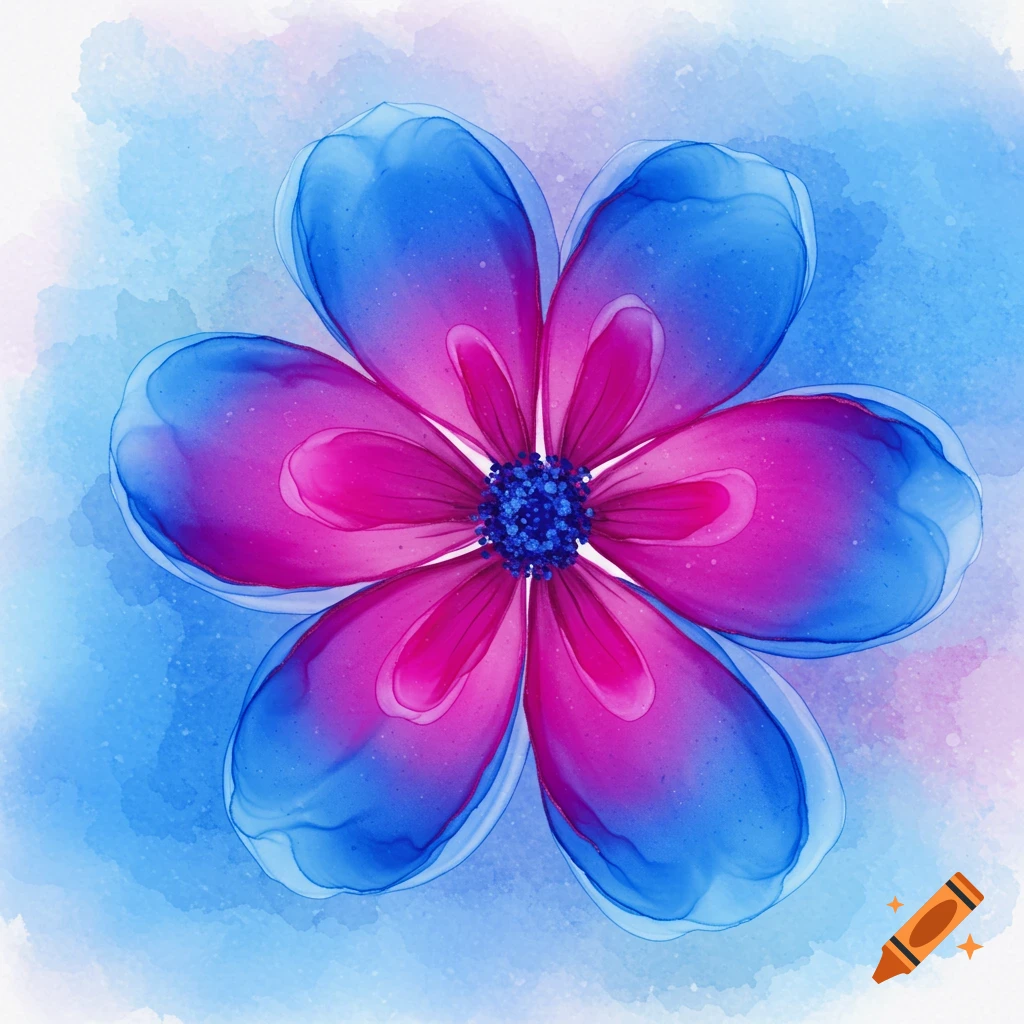 An abstract watercolor flower in blue and magenta.