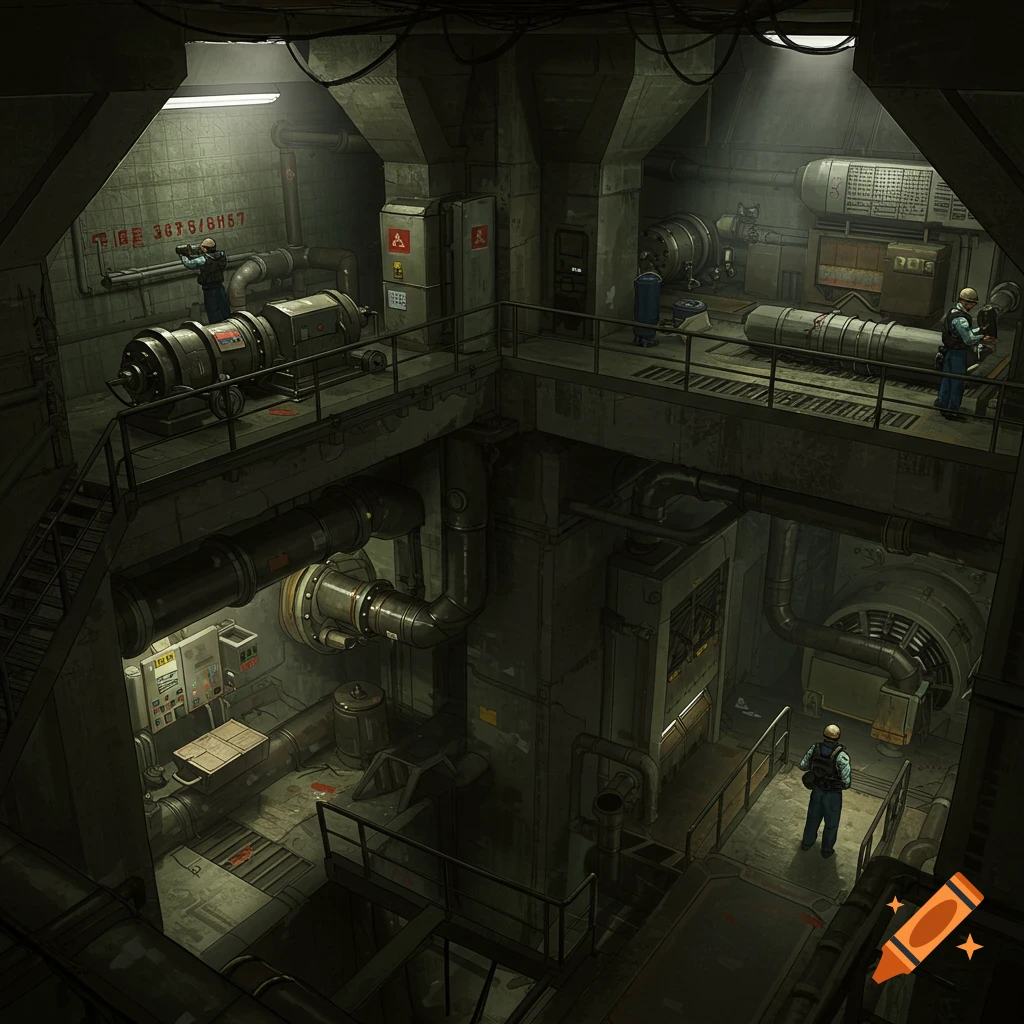 Workers in a vast, dark underground industrial bunker filled with pipes and machinery.