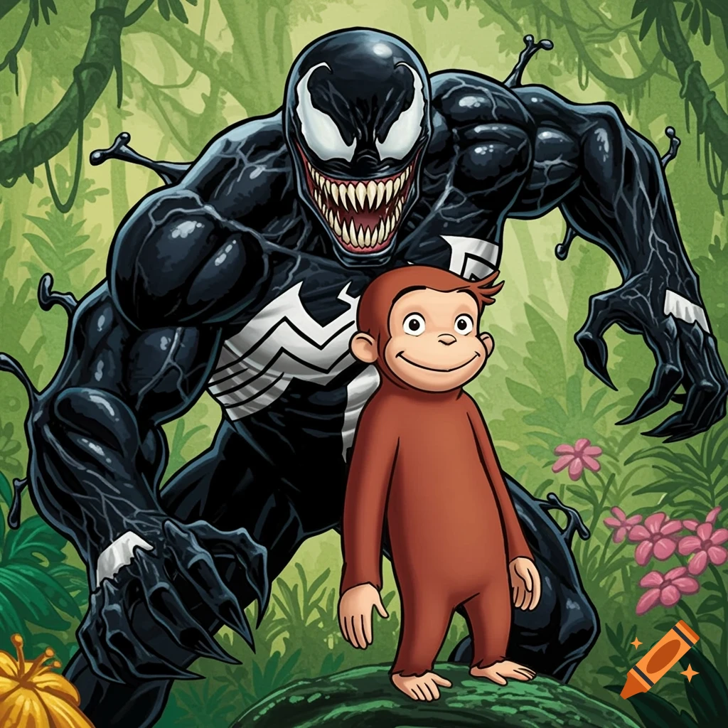 Marvel's Venom standing next to Curious George in a vibrant jungle.
