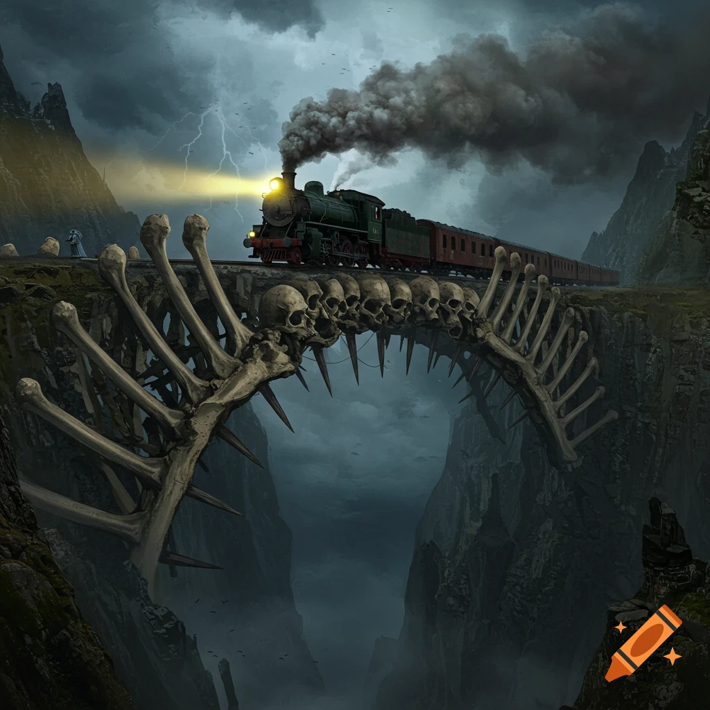 A train crosses a bridge made of bones and skulls over a chasm under a stormy sky.