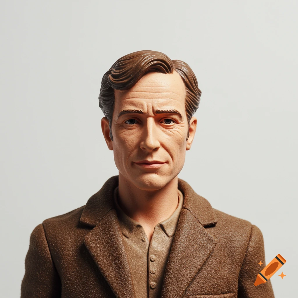 Close-up portrait of a man depicted as an action figure toy, wearing a brown jacket and shirt.