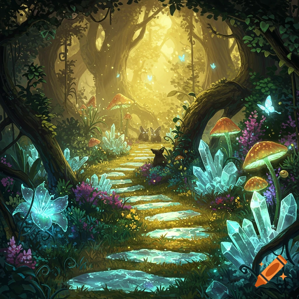 A magical forest path is illuminated by glowing crystals and mushrooms.