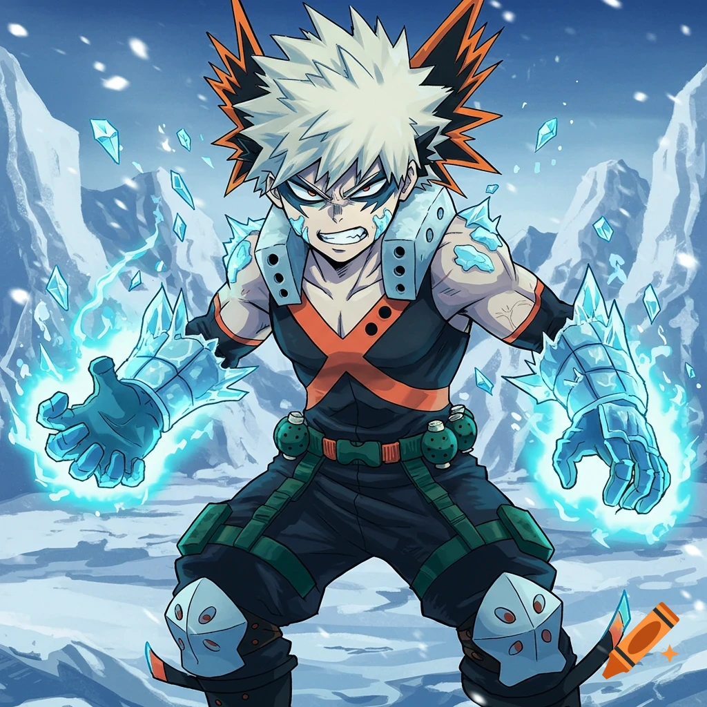 Anime character with spiky blond hair and ice powers standing in snowy mountains.