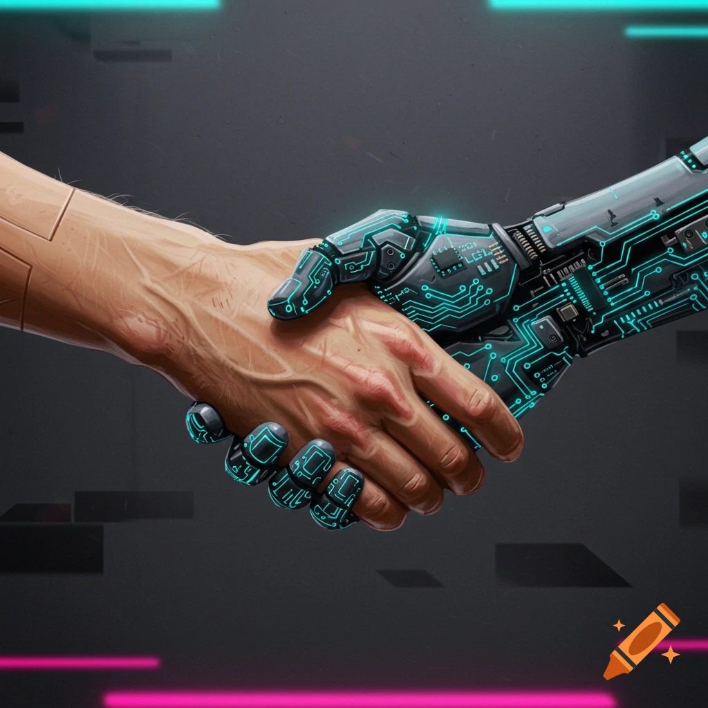 A human hand shaking a robotic hand
