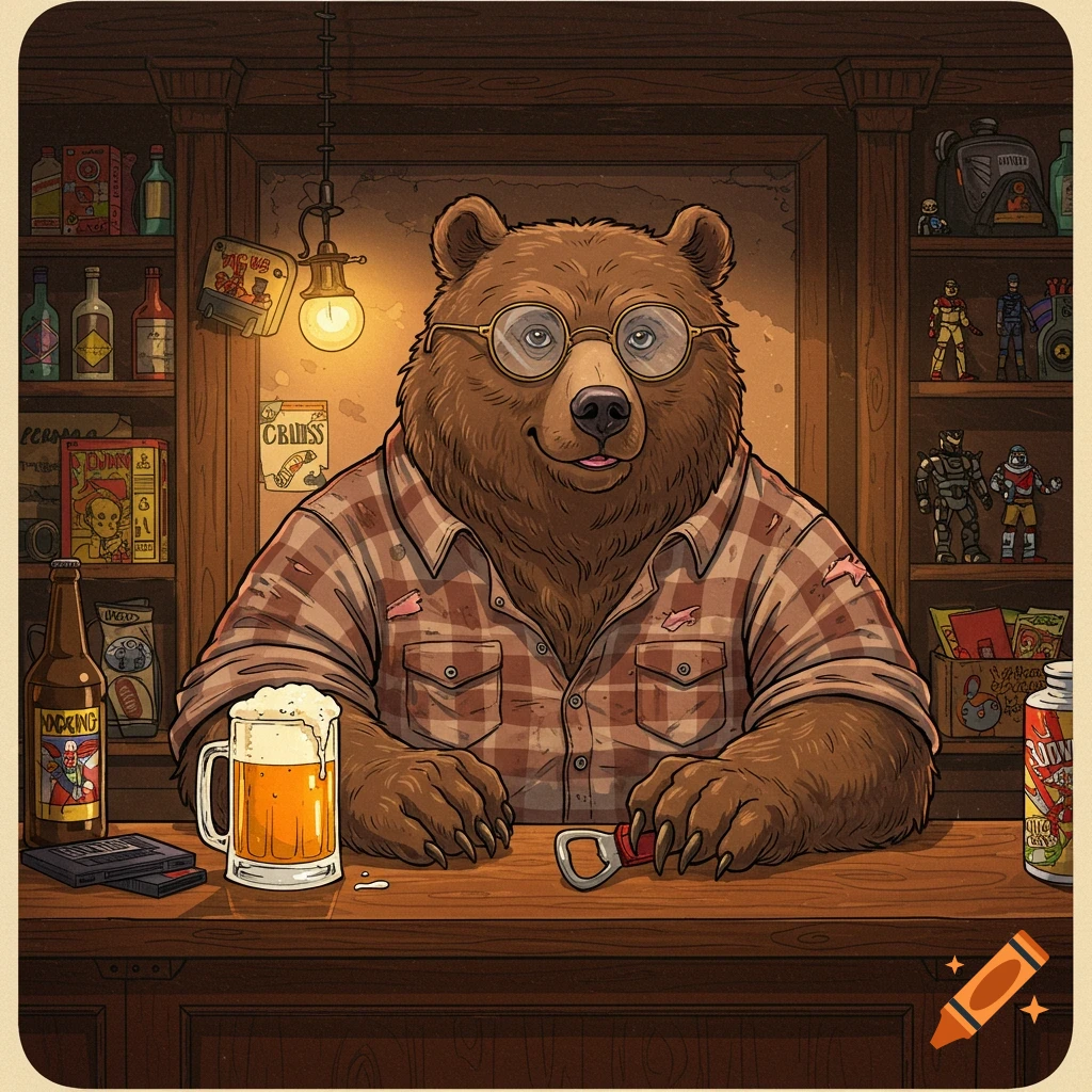 Cartoon bear with glasses and plaid shirt sitting at a bar with a beer
