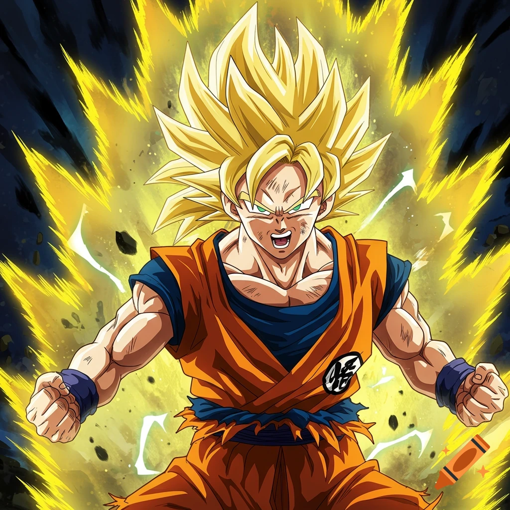 Goku from Dragon Ball Z powers up with a yellow energy aura.