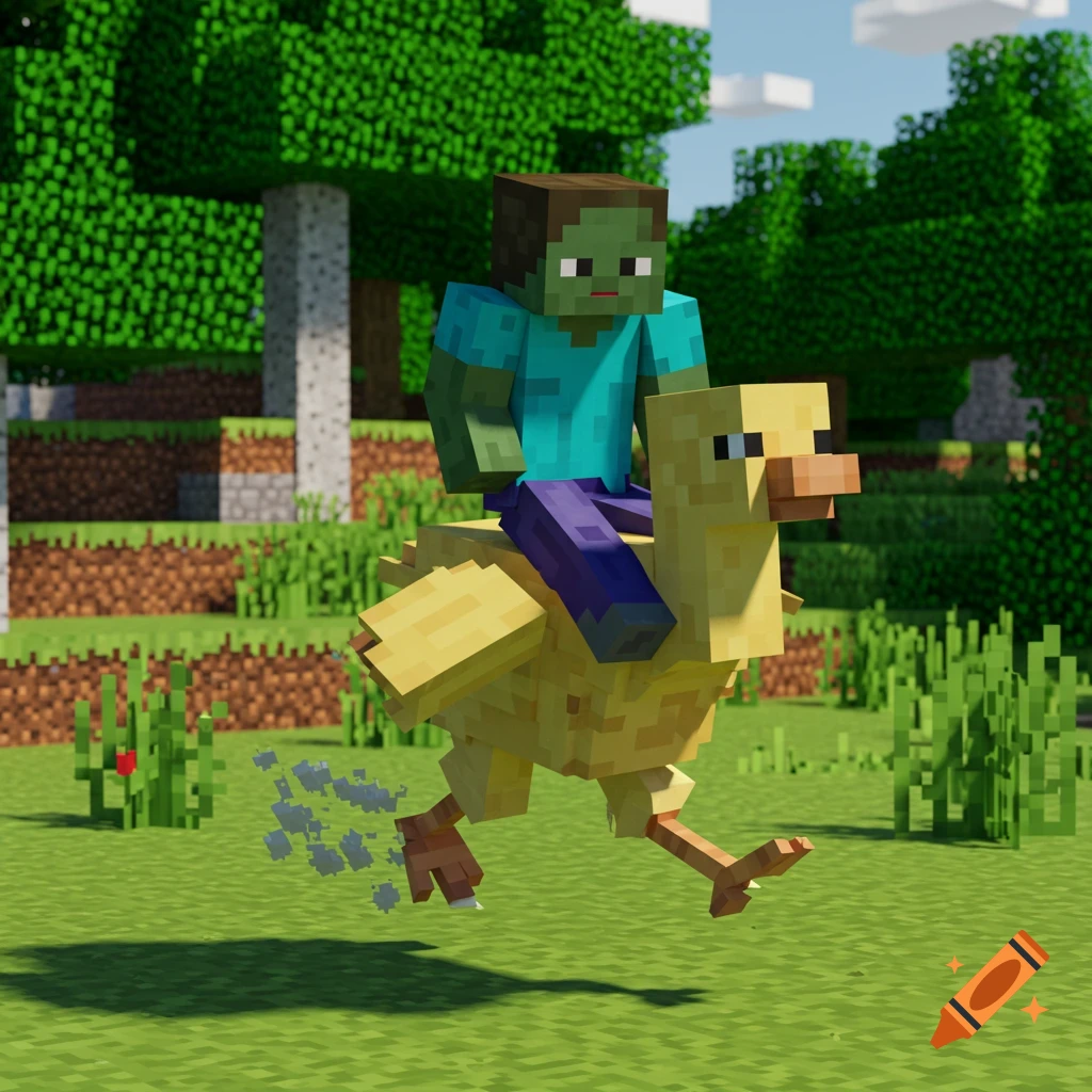 A blocky Minecraft zombie rides a large yellow blocky bird (chocobo) through a green field.