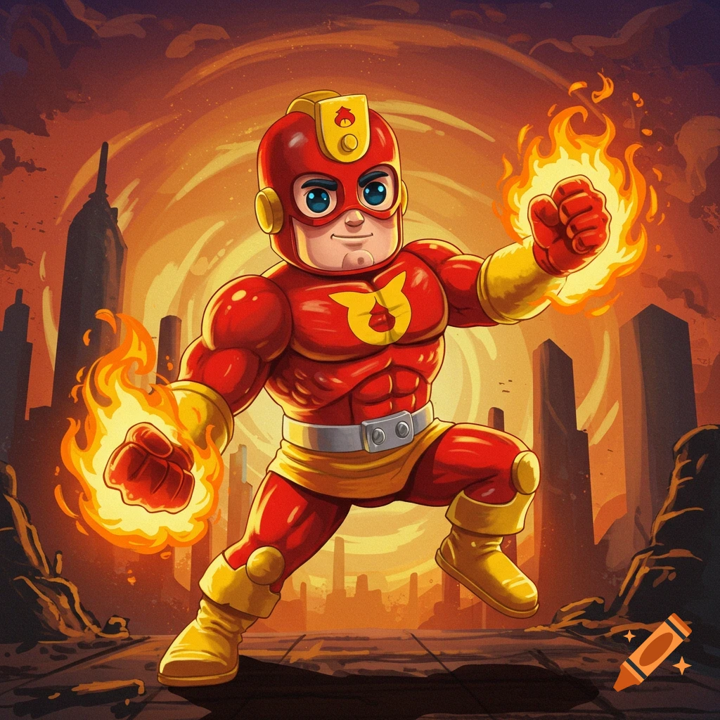 A cartoon superhero in a red and yellow suit with fire coming from his hands, standing in a city.