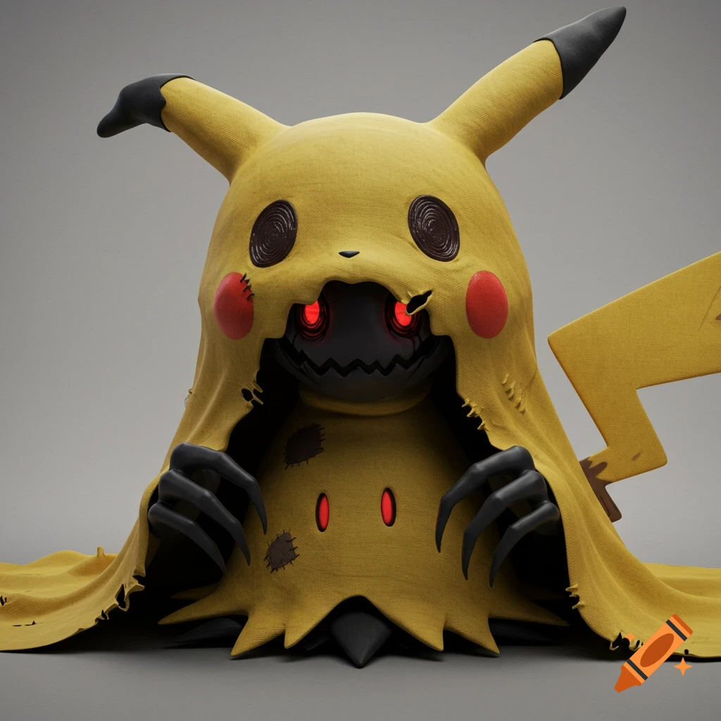 A dark monster with red eyes and claws emerging from a tattered Pikachu costume.