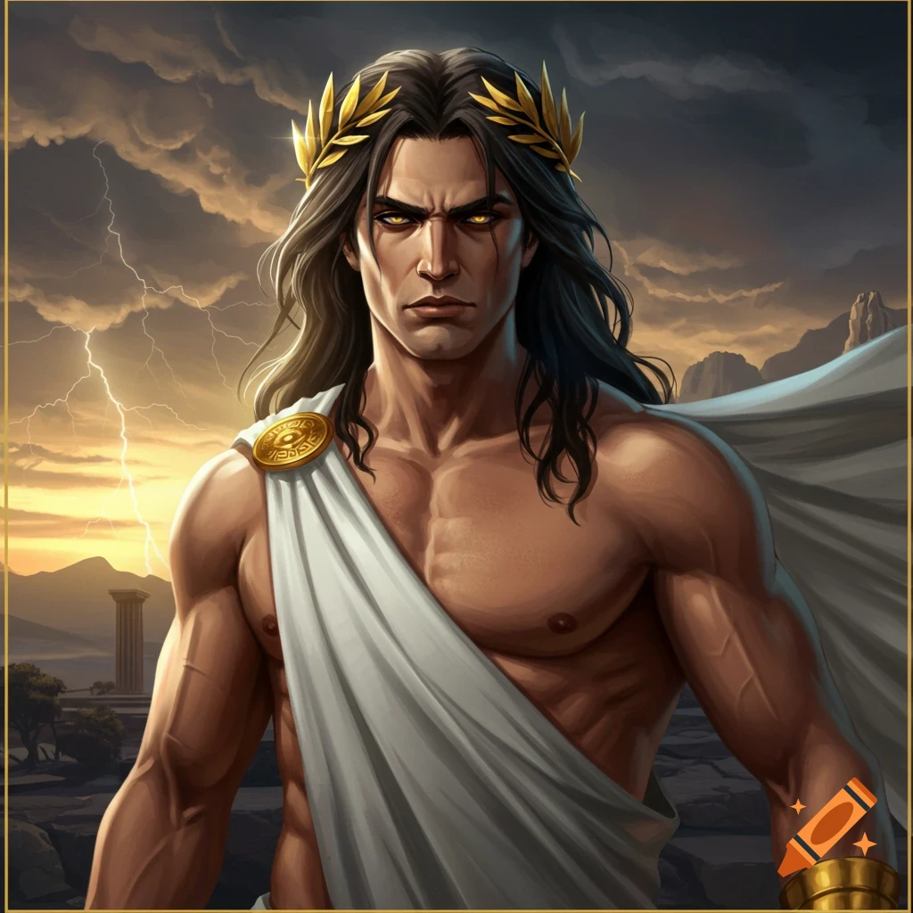 A powerful Greek god in a toga and laurel wreath stands against a stormy sky with lightning and ancient ruins.
