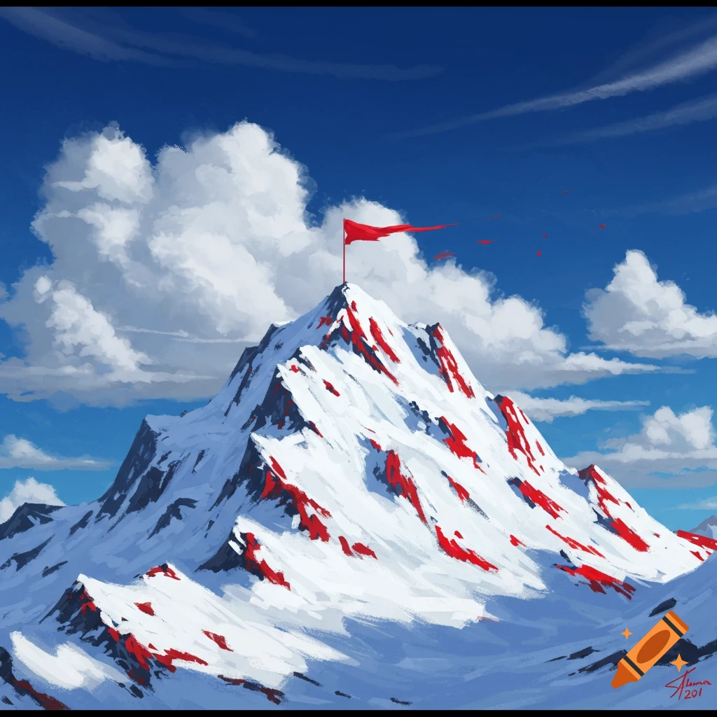 A snow-covered mountain with red markings and a red flag at the summit under a blue sky with clouds.