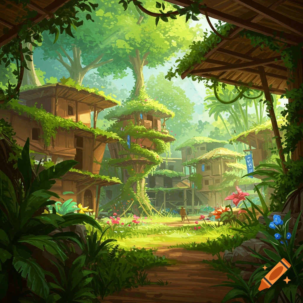 Lush jungle village with treehouse-like structures and a path leading through the foliage.