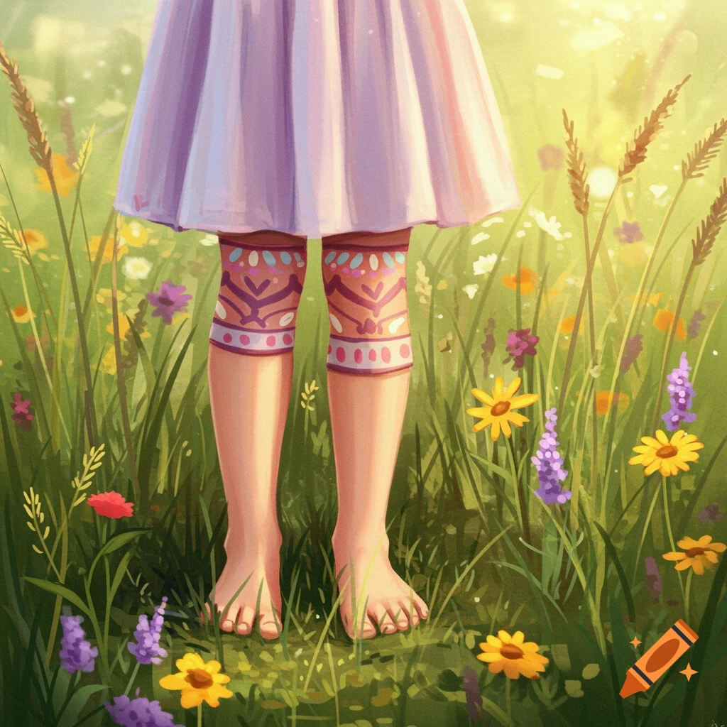 Lower legs and bare feet of a person in a dress standing in a sunlit wildflower field, whimsical illustration.