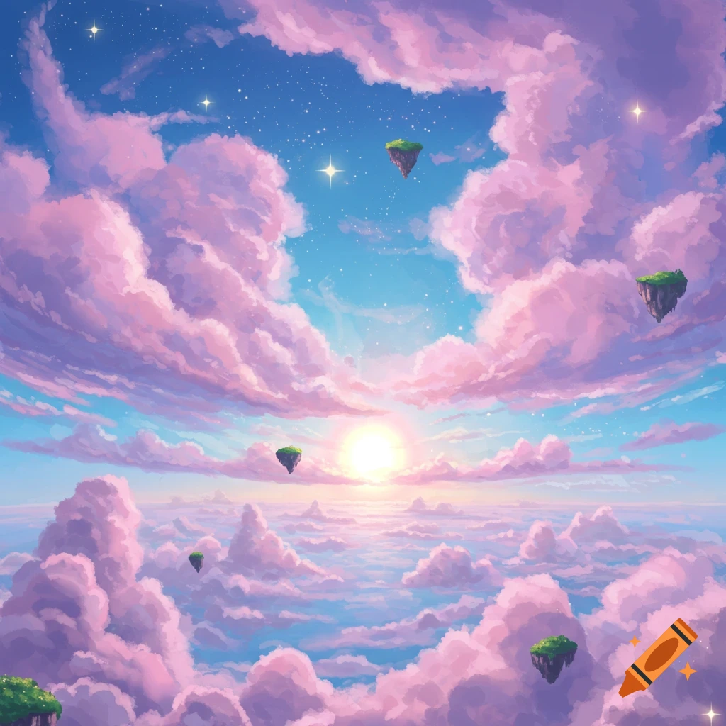 A dreamy sky scene with pink clouds, stars, a sun, and floating islands.