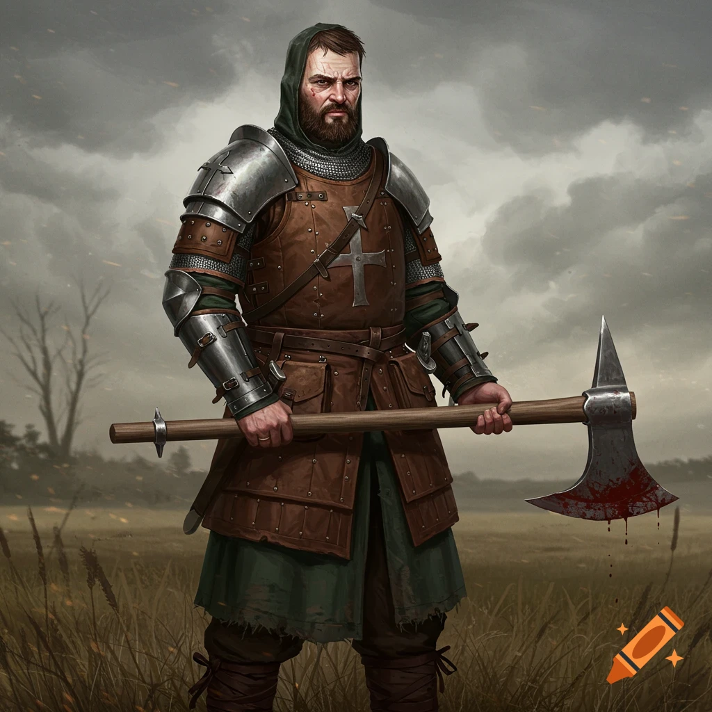 A medieval warrior in armor holding a bloody axe in a field under a cloudy sky.