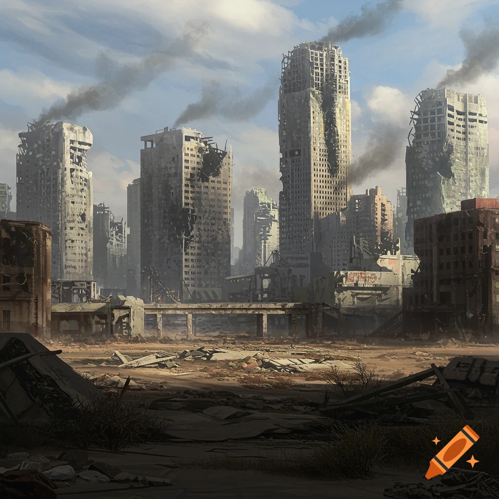 A destroyed city skyline with ruined skyscrapers and smoke.