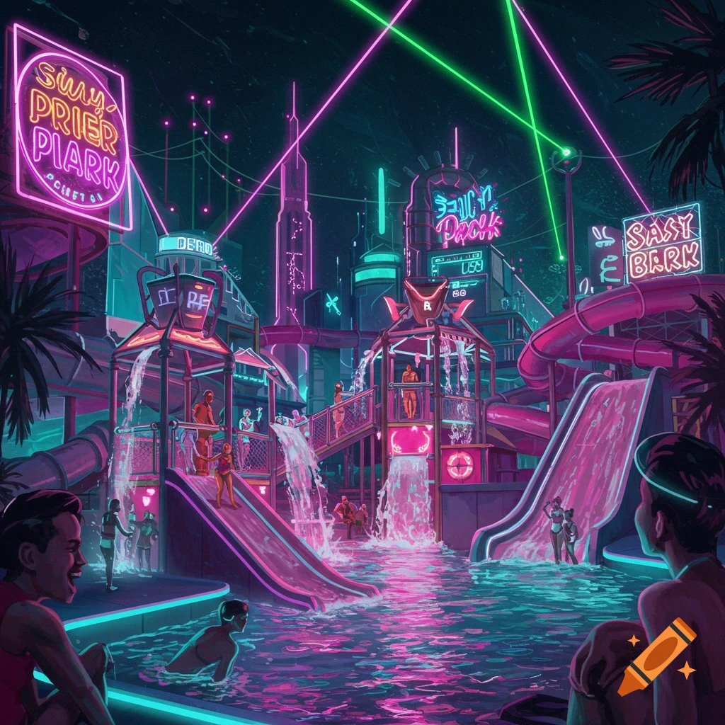 A neon futuristic water park at night.