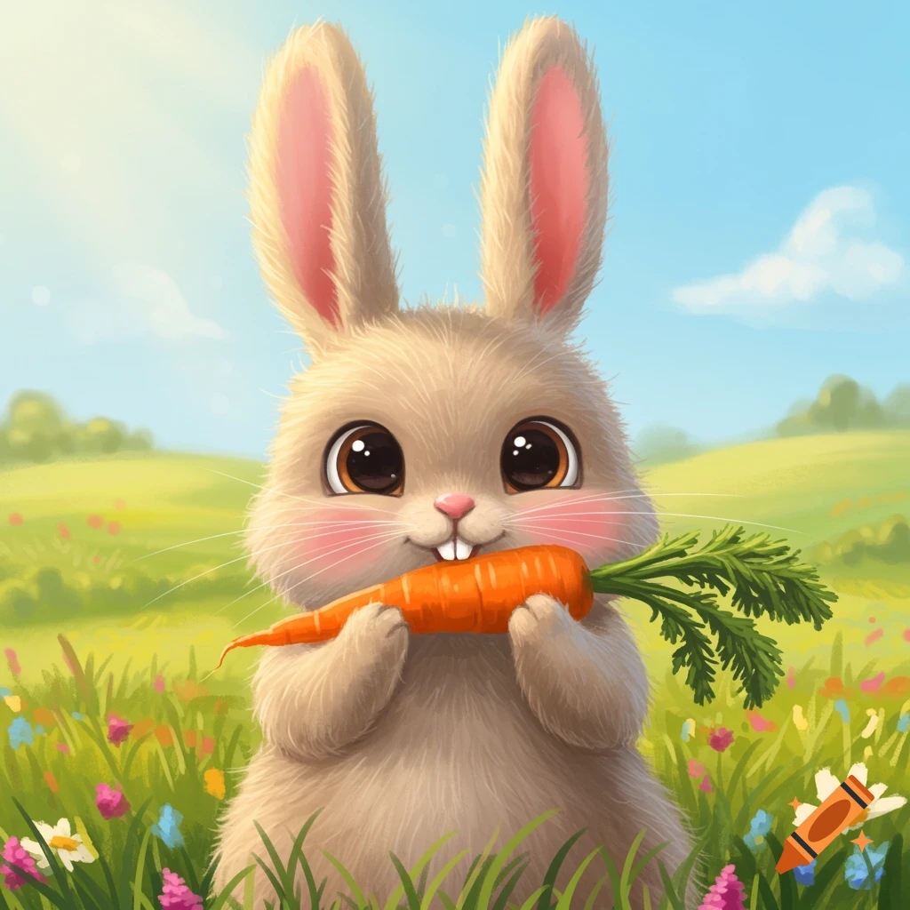 A cute, fluffy cartoon bunny with big eyes holds a carrot in a meadow of wildflowers under a blue sky.