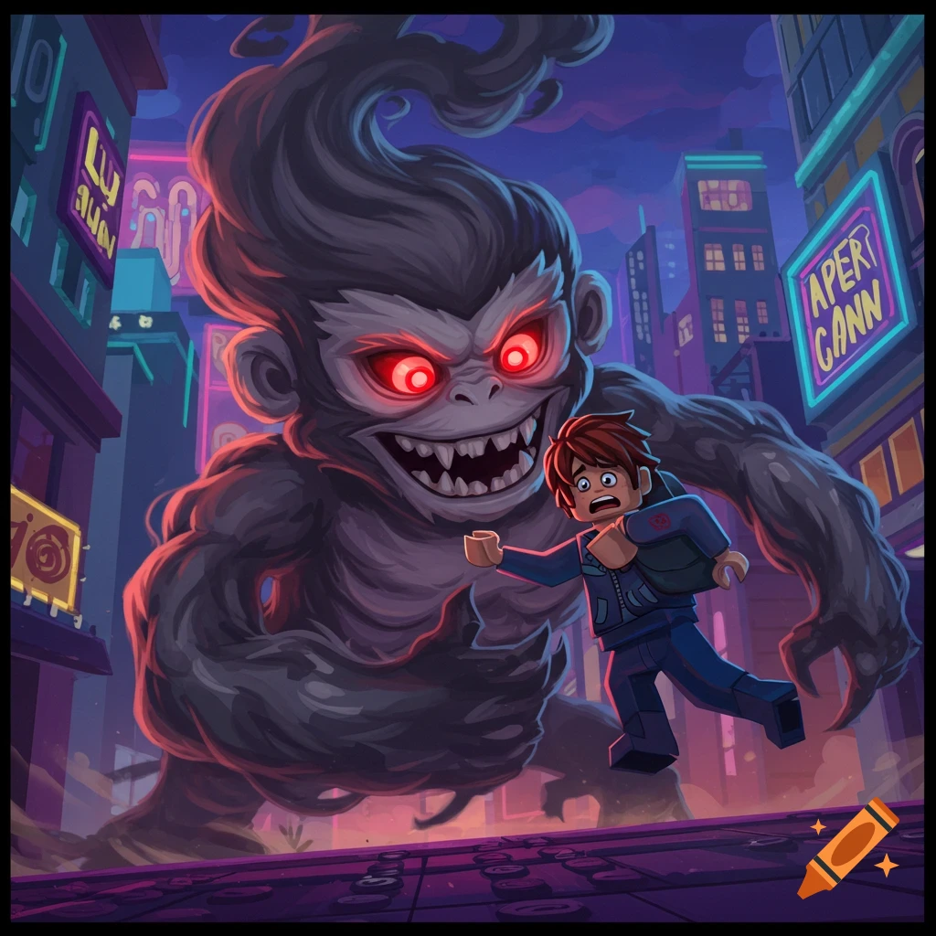 Giant ape monster chases a blocky person through a neon futuristic city.