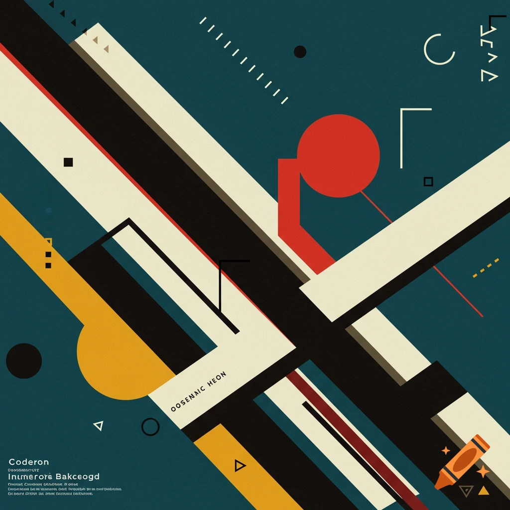 Geometric abstract design with red circle, yellow and white diagonal shapes, and black lines on a teal background.