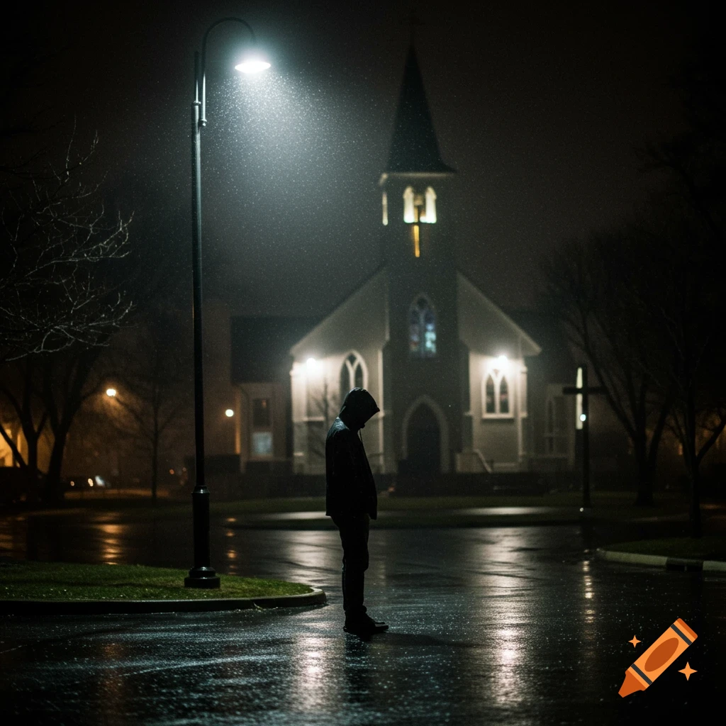 Lone figure in a hoodie under a street light on a rainy night outside a church.