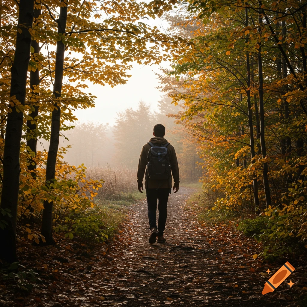 Person hiking on a forest path during autumn
