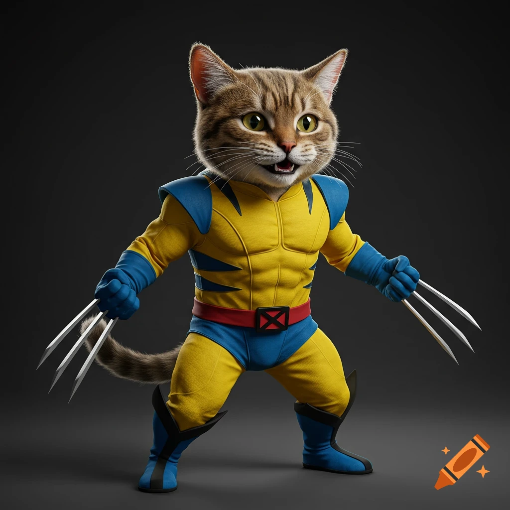 A cat dressed as Wolverine in a yellow and blue costume, showing adamantium claws.