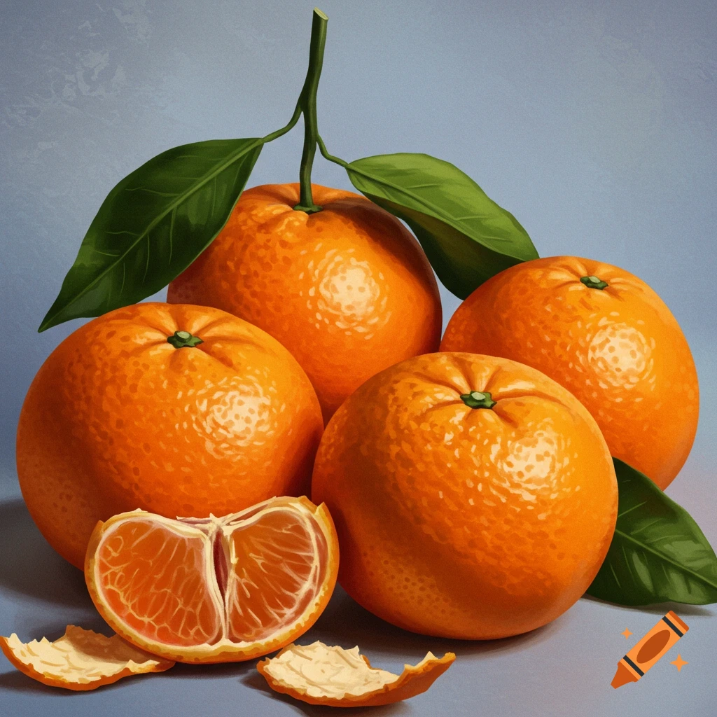 Still life with multiple oranges, one peeled, and leaves.