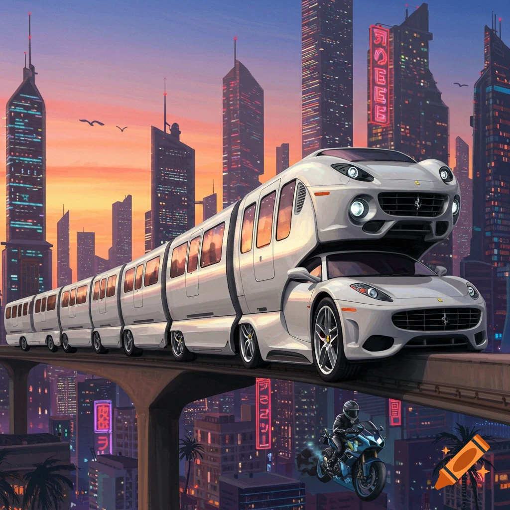 a futuristic city with a monorail train made of white cars and a motorcycle below