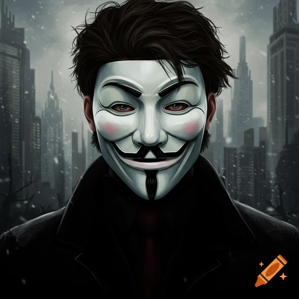 A figure wearing a Guy Fawkes mask stands in a city.