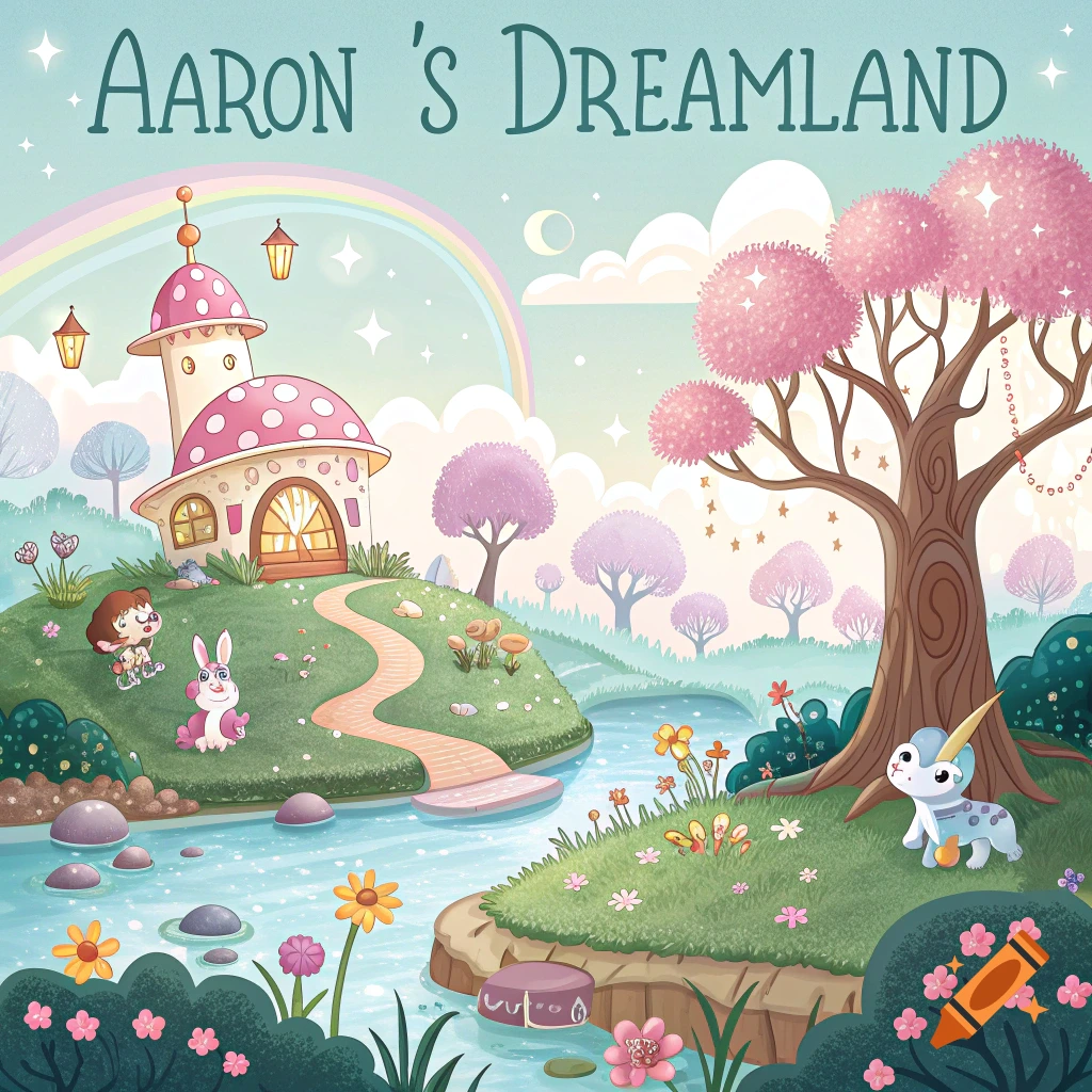 Whimsical illustration of a fantasy landscape with a mushroom house, river, creatures, and the title "Aaron's Dreamland" at the top.